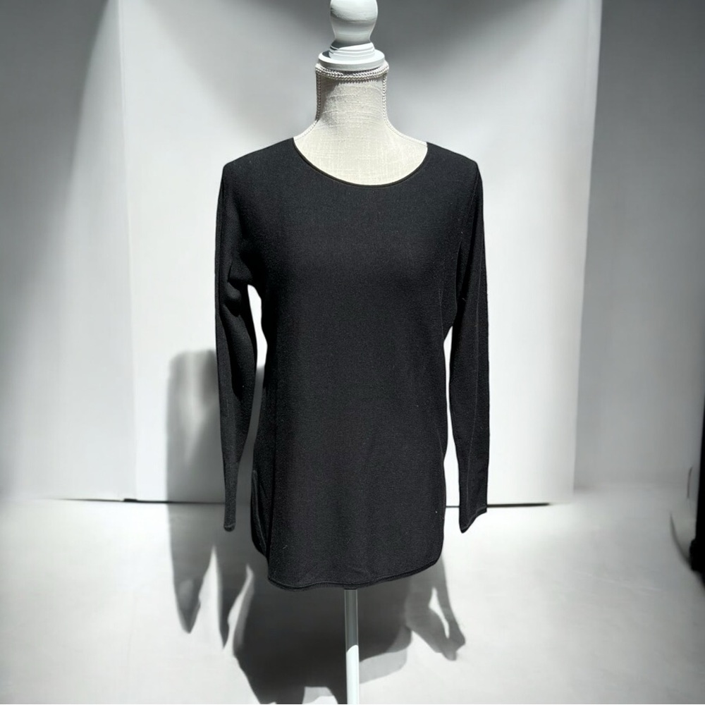 🌻Eileen Fisher 100% Merino Black Wool Round Neck Tunic Top Size Med. Petite